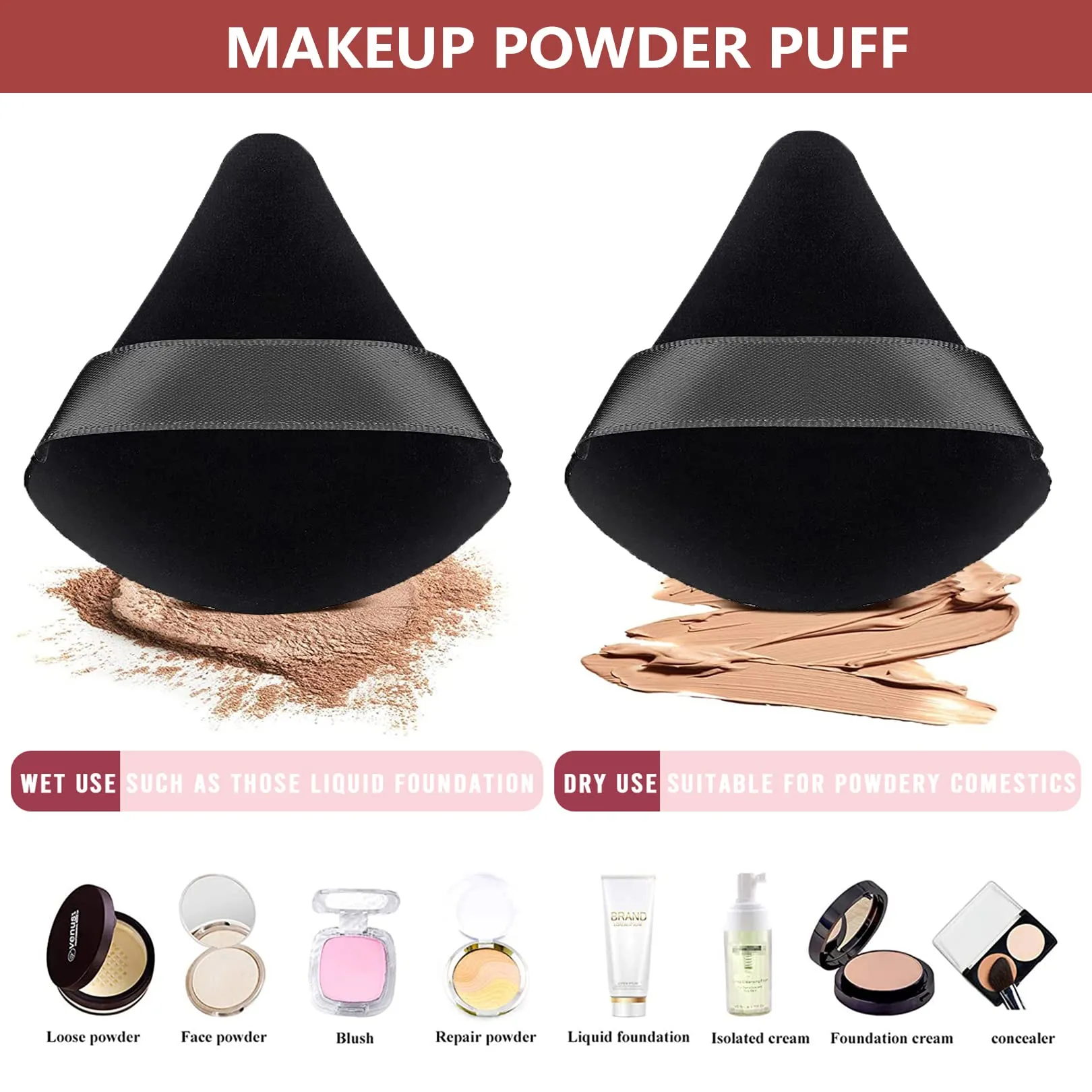 2 Pcs Powder Puff Makeup Triangle Powder Puff Soft Powder Puffs Sponge Reusable Makeup Triangle Sponges with Strap for Loose Powder Body Eyes Cosmetic Foundation Wet Dry Makeup Tool, Black black 1