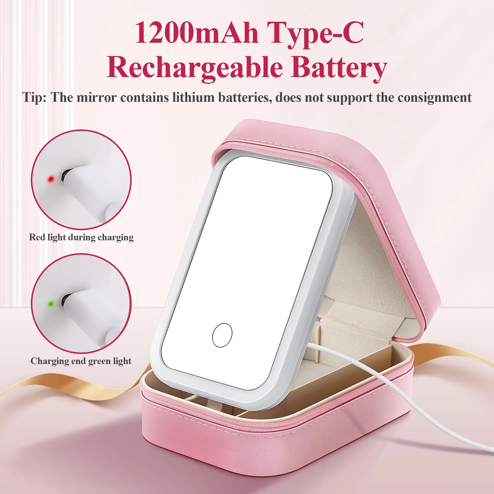 AISHIKEKE Travel Cosmetic Mirror Case,Vanity Mirror with Lights,Compact Makeup Bag with LED Mirror,Portable Travel Jewelry Case with Makeup Mirror(Pink)