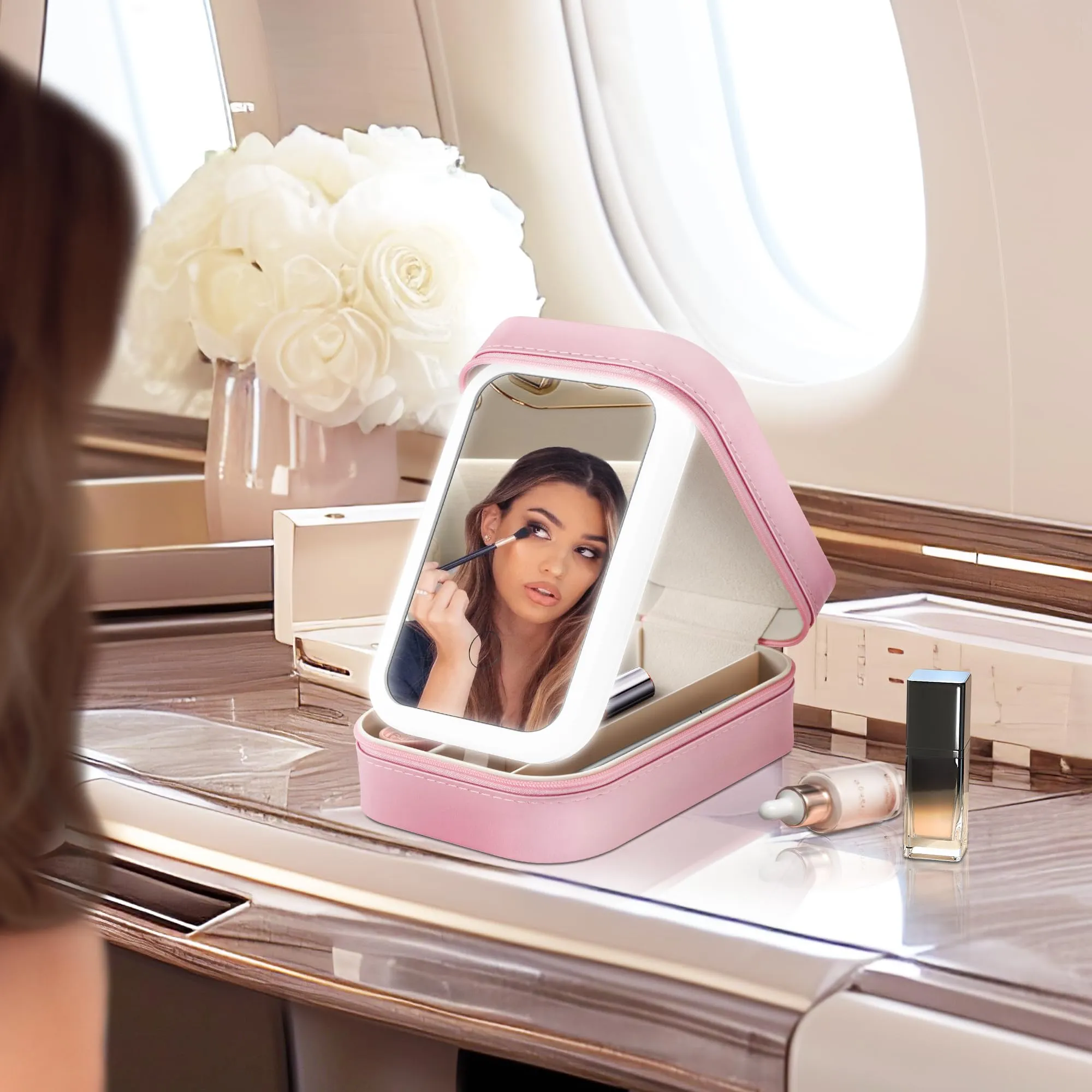 AISHIKEKE Travel Cosmetic Mirror Case,Vanity Mirror with Lights,Compact Makeup Bag with LED Mirror,Portable Travel Jewelry Case with Makeup Mirror(Pink)