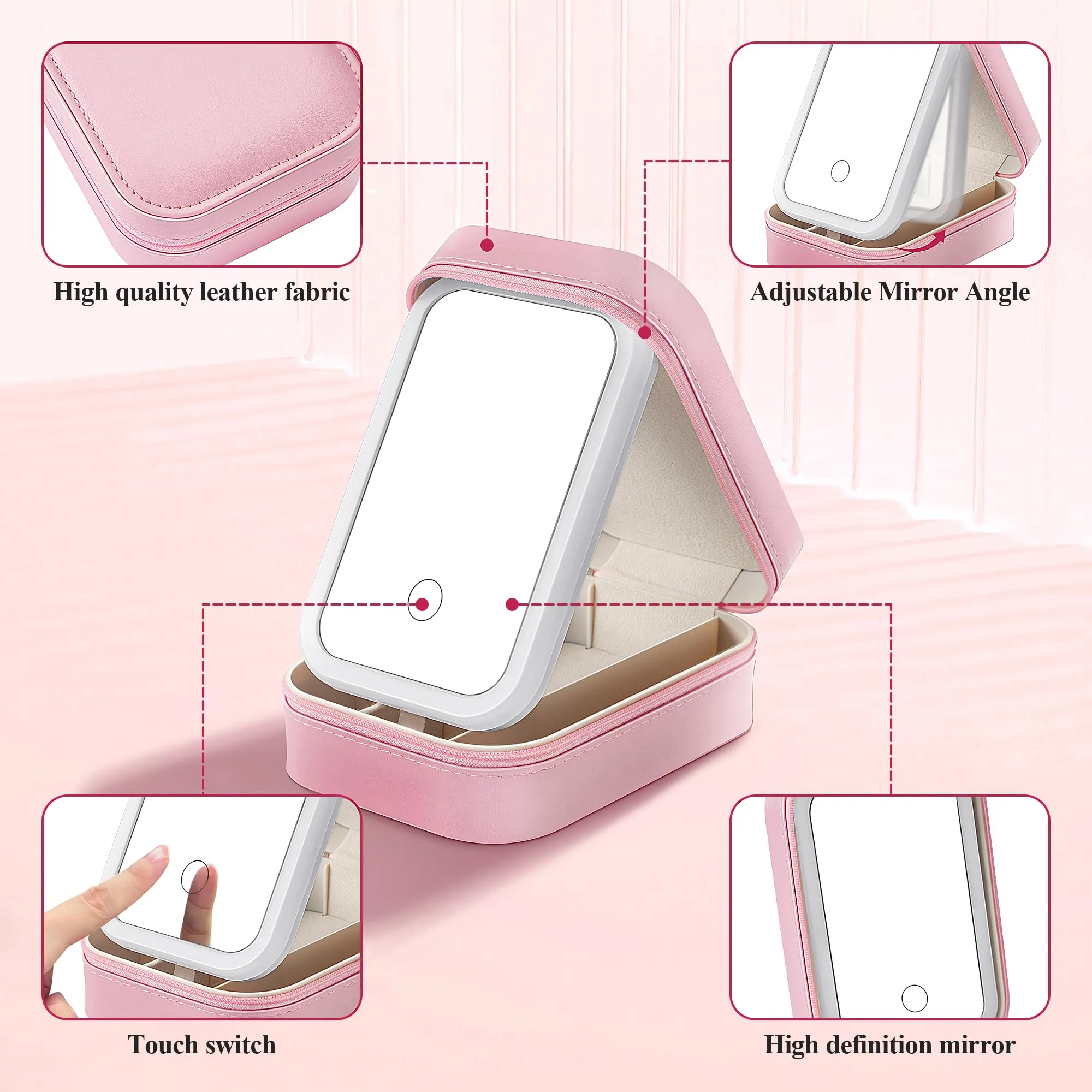 AISHIKEKE Travel Cosmetic Mirror Case,Vanity Mirror with Lights,Compact Makeup Bag with LED Mirror,Portable Travel Jewelry Case with Makeup Mirror(Pink)