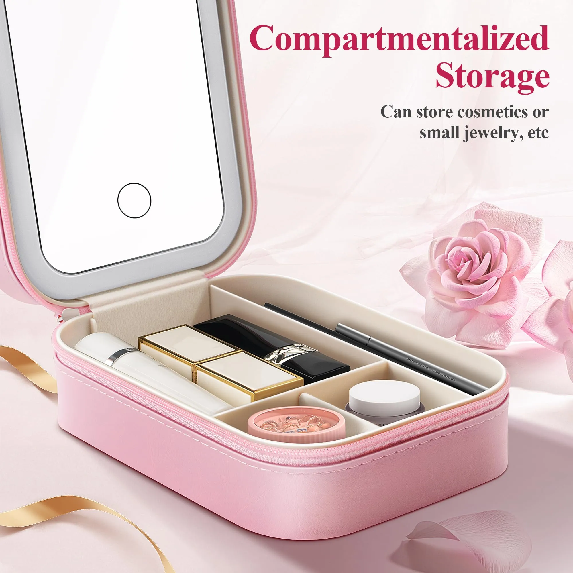 AISHIKEKE Travel Cosmetic Mirror Case,Vanity Mirror with Lights,Compact Makeup Bag with LED Mirror,Portable Travel Jewelry Case with Makeup Mirror(Pink)