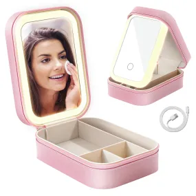AISHIKEKE Travel Cosmetic Mirror Case,Vanity Mirror with Lights,Compact Makeup Bag with LED Mirror,Portable Travel Jewelry Case with Makeup Mirror(Pink)