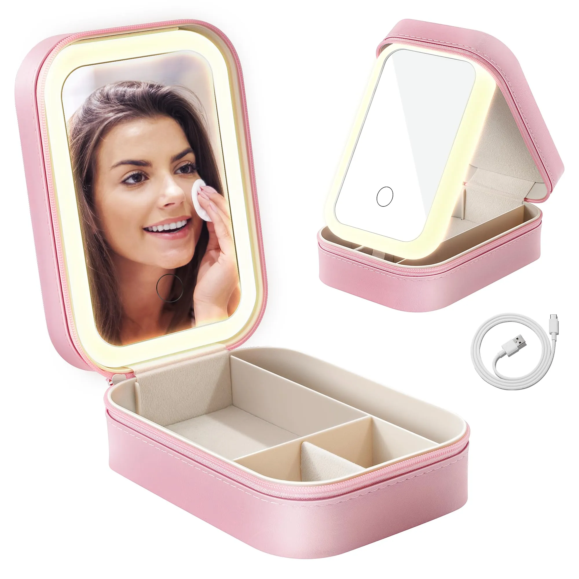 AISHIKEKE Travel Cosmetic Mirror Case,Vanity Mirror with Lights,Compact Makeup Bag with LED Mirror,Portable Travel Jewelry Case with Makeup Mirror(Pink)