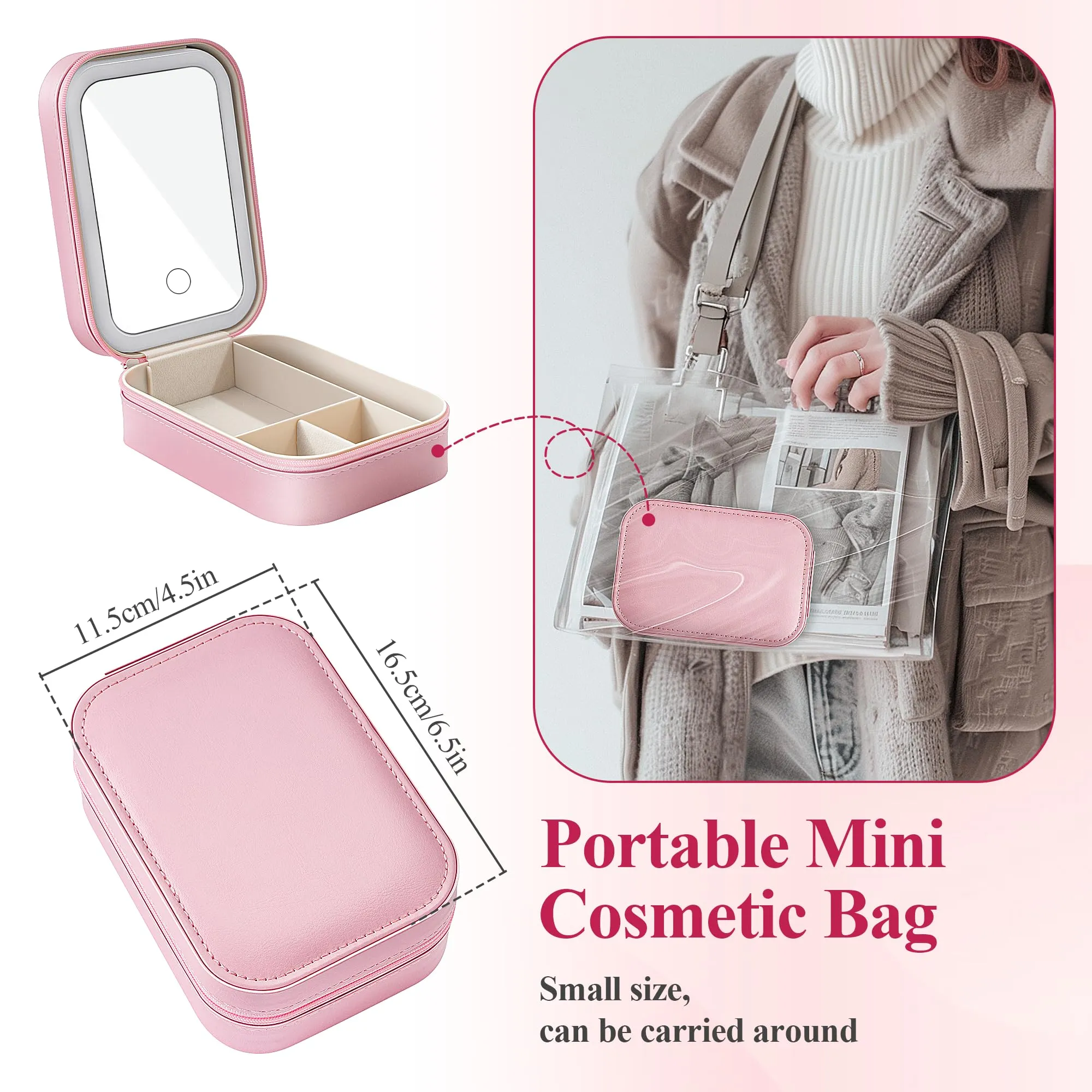 AISHIKEKE Travel Cosmetic Mirror Case,Vanity Mirror with Lights,Compact Makeup Bag with LED Mirror,Portable Travel Jewelry Case with Makeup Mirror(Pink)
