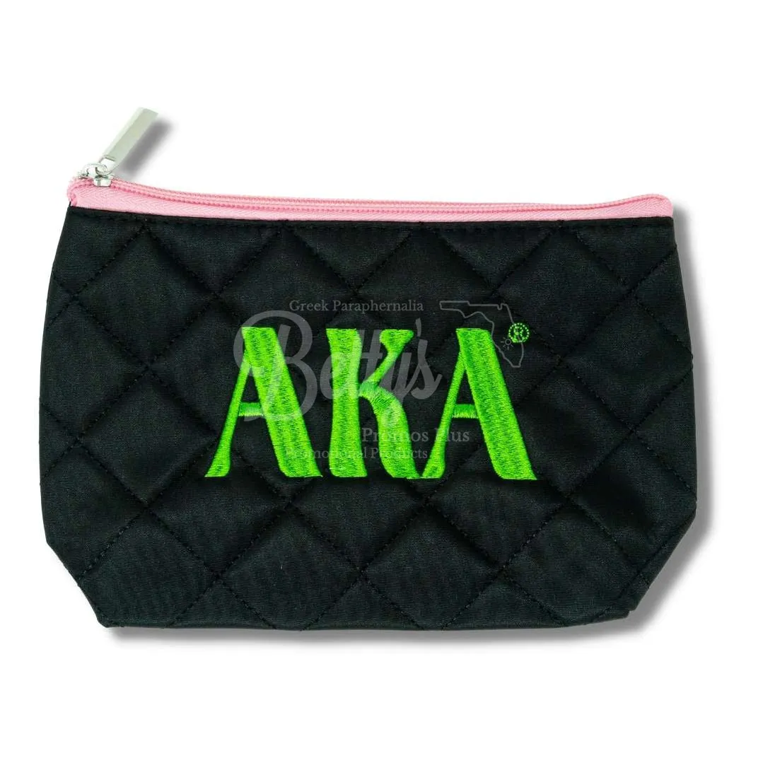 Alpha Kappa Alpha AKA Embroidered Greek Letters Quilted Cosmetic Case Makeup Bag