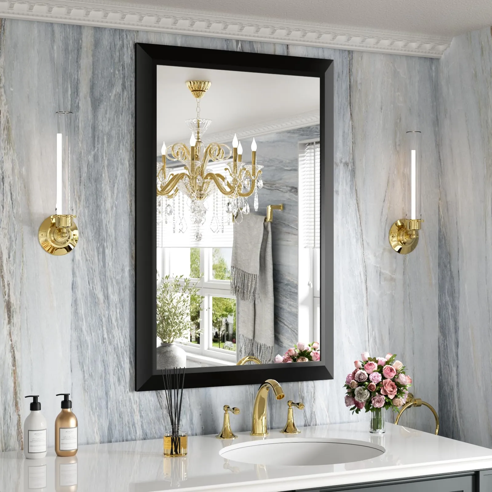 Amorho Black Bathroom Mirror, 24x36 Inch Thick Metal Framed Wall Mirrors for Over Sink, Bedroom, Living Room, Entryway, Rectangle Wall-Mounted Mirrors(Horizontal/Vertical).