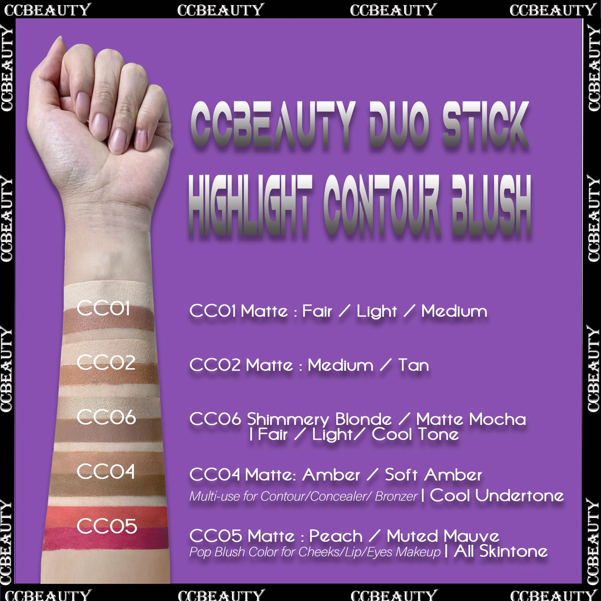 CCbeauty 2pcs 2-IN-1 Matte Contour Highlighter Stick with Blush,Cream Dual-End Highlight Bronzer Concealer & Blusher for Cheeks & Lip, Long Lasting Contouring for Face Shaping Makeup, Light-Medium