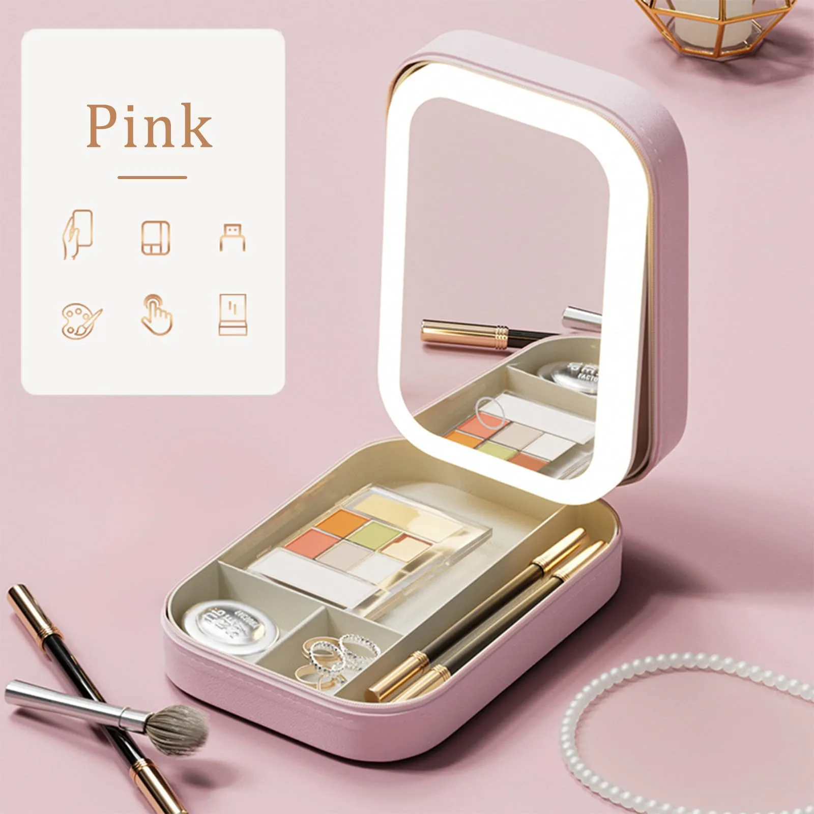 Dannir Travel Makeup Case with LED Mirror, Makeup Bag with Lighted Mirror, Cosmetic Train Storage Box, Portable Organizer Vanity Case for Women Beauty Tools Accessories Rechargeable Pink