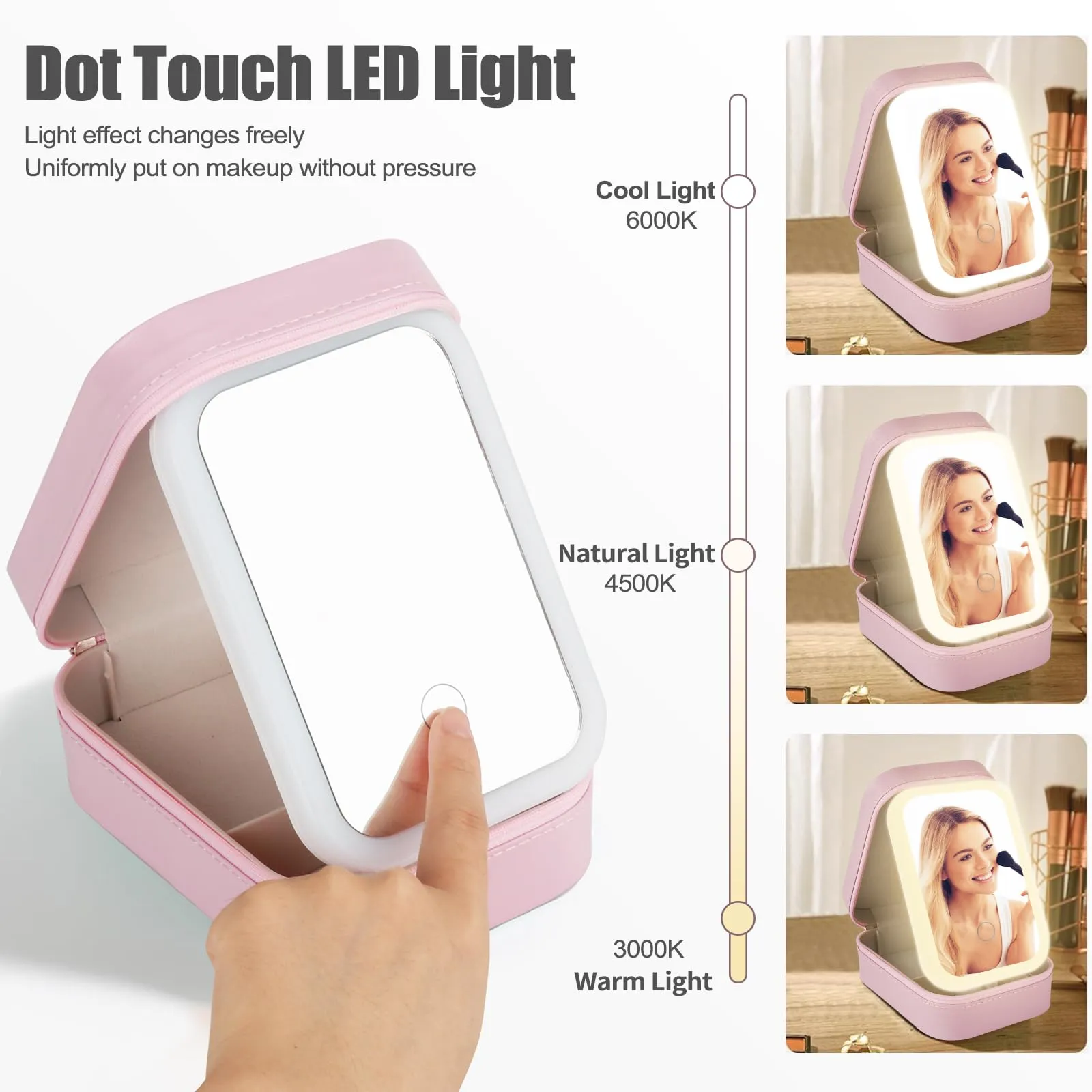 Dannir Travel Makeup Case with LED Mirror, Makeup Bag with Lighted Mirror, Cosmetic Train Storage Box, Portable Organizer Vanity Case for Women Beauty Tools Accessories Rechargeable Pink