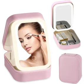 Dannir Travel Makeup Case with LED Mirror, Makeup Bag with Lighted Mirror, Cosmetic Train Storage Box, Portable Organizer Vanity Case for Women Beauty Tools Accessories Rechargeable Pink