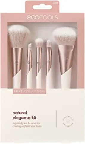 EcoTools Luxe Natural Elegance Professional Face Makeup & Foundation Brush Set, For Face, Cheek, and Eye Makeup, Ecofriendly Makeup Brushes, Pink, Luxurious and Glamorous, 5 Piece Set