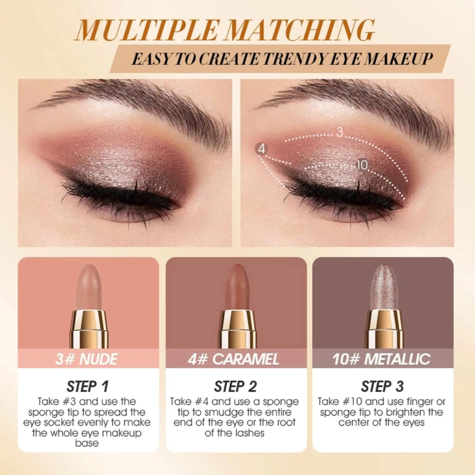 Ehinew Eyeshadow Stick - Neutral and Brown Metallic Eye Shadow Stick Makeup - Champagne Matte & Glitter Eyeshadow - Creamy & Waterproof Eyeshadow Brightener Pencil (6# Peachy)