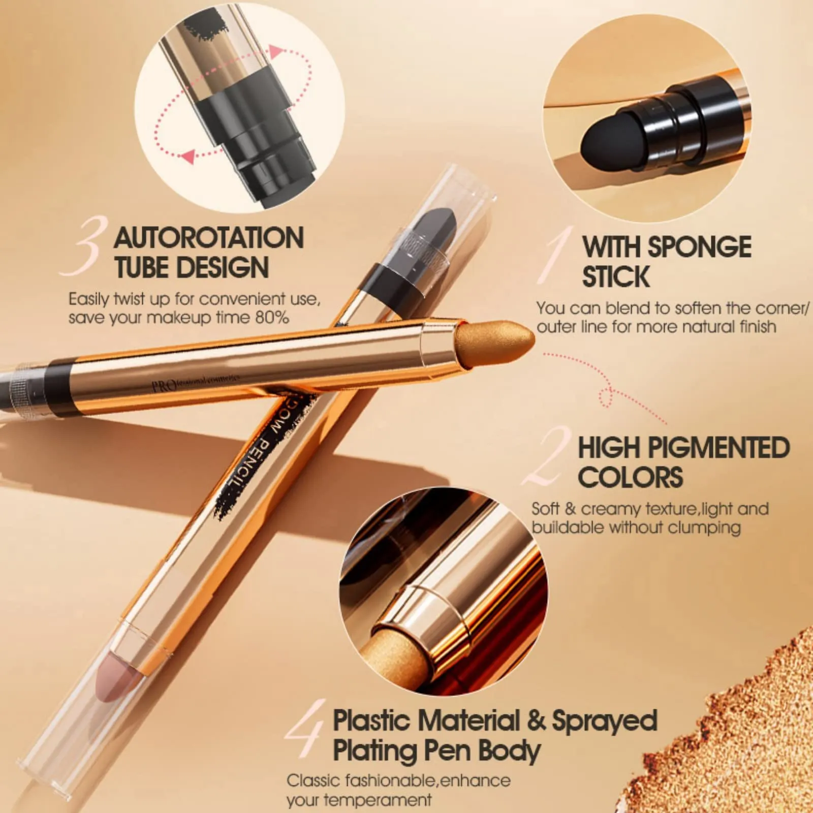 Ehinew Eyeshadow Stick - Neutral and Brown Metallic Eye Shadow Stick Makeup - Champagne Matte & Glitter Eyeshadow - Creamy & Waterproof Eyeshadow Brightener Pencil (6# Peachy)