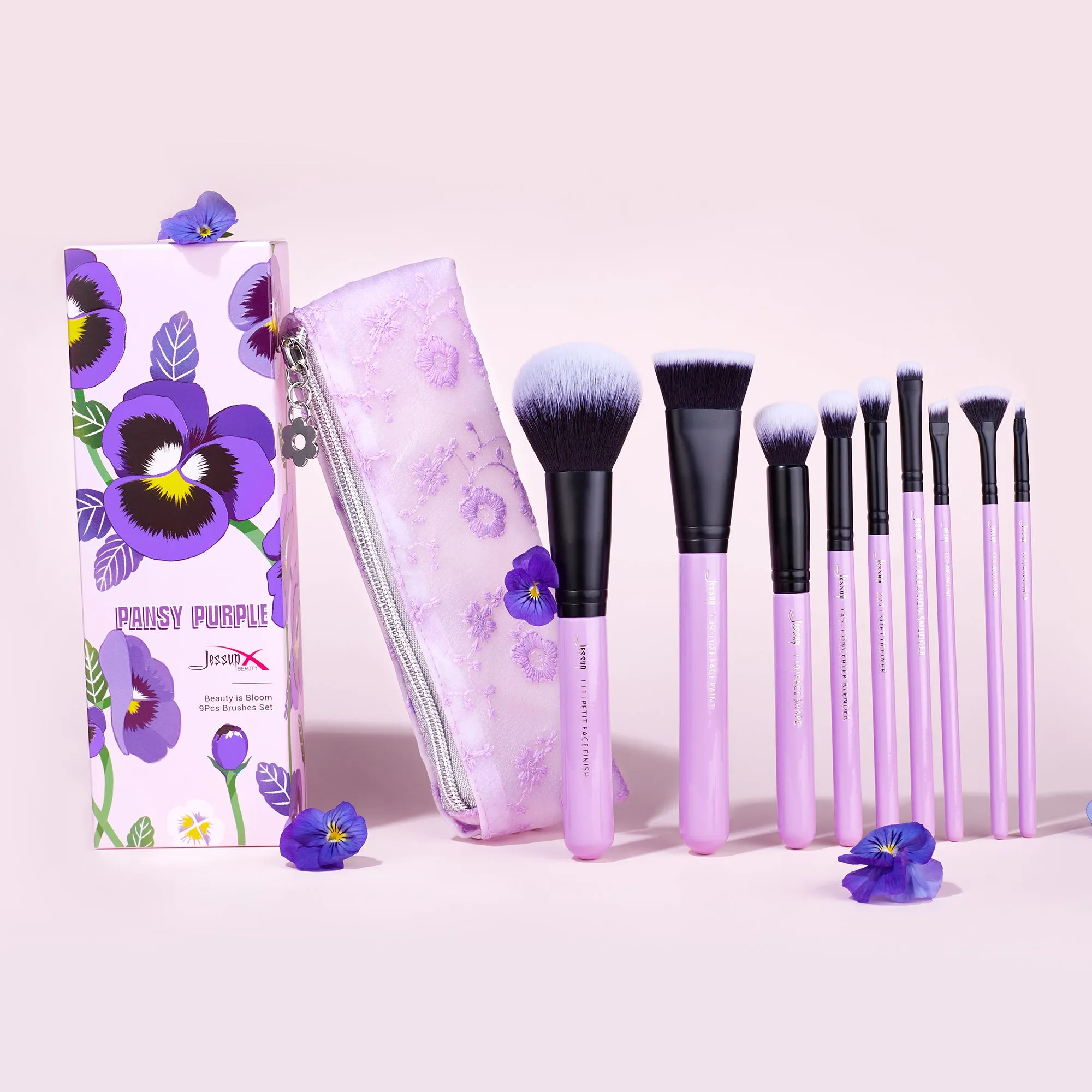Gift Set Pansy Purple 9Pcs Essential Makeup Brush Set with Storage Bag T320