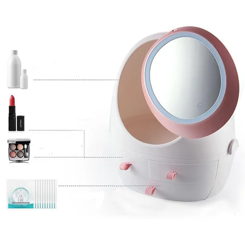 LED Mirror Makeup Storage Box Cosmetic Organizer Case