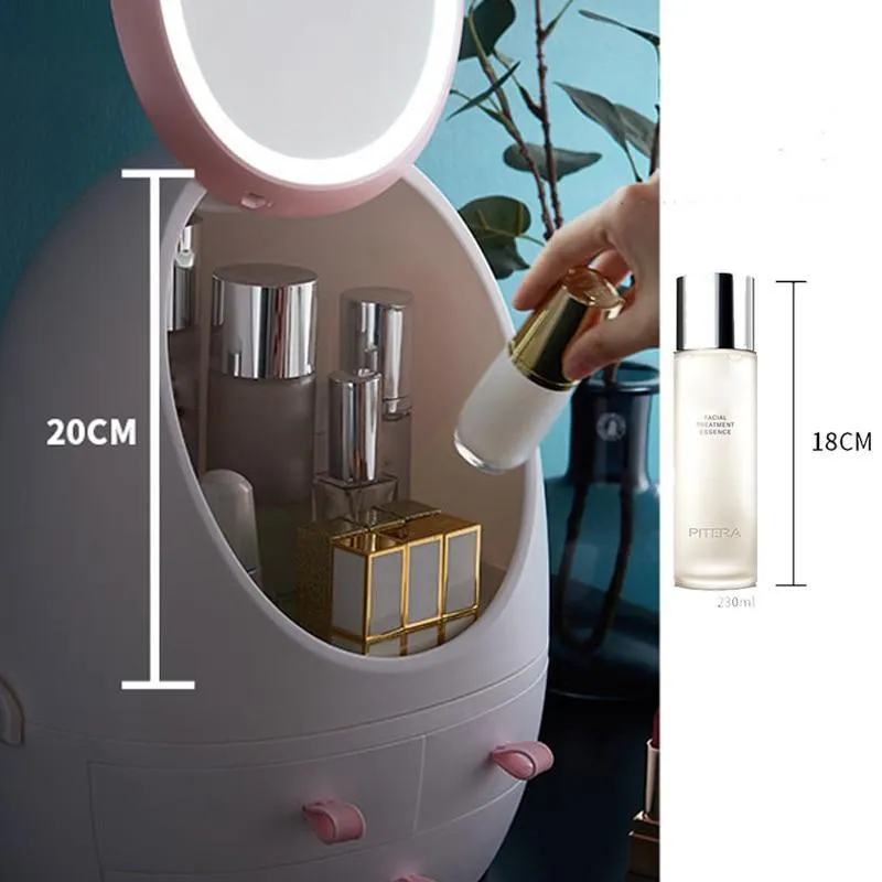 LED Mirror Makeup Storage Box Cosmetic Organizer Case