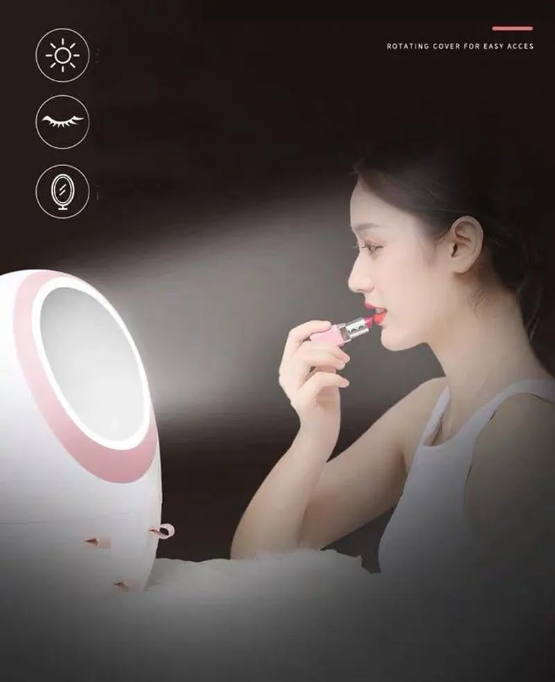 LED Mirror Makeup Storage Box Cosmetic Organizer Case
