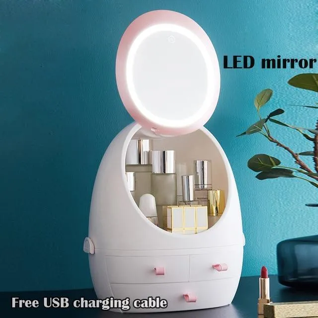 LED Mirror Makeup Storage Box Cosmetic Organizer Case