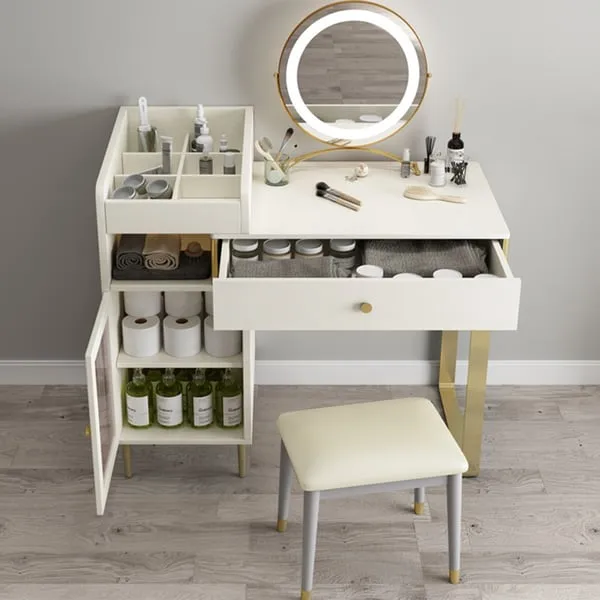 Modern White Retractable Makeup Vanity Set with Side Cabinet Dressing Table with Light