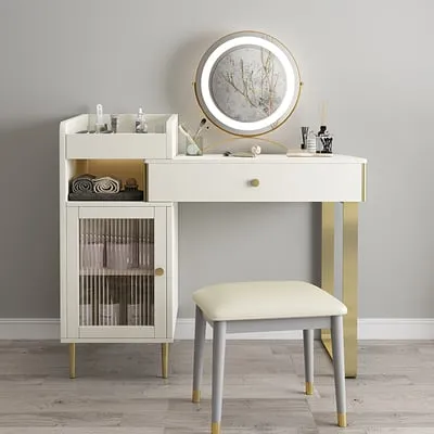 Modern White Retractable Makeup Vanity Set with Side Cabinet Dressing Table with Light