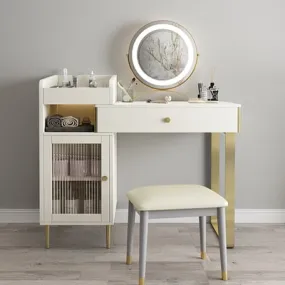 Modern White Retractable Makeup Vanity Set with Side Cabinet Dressing Table with Light