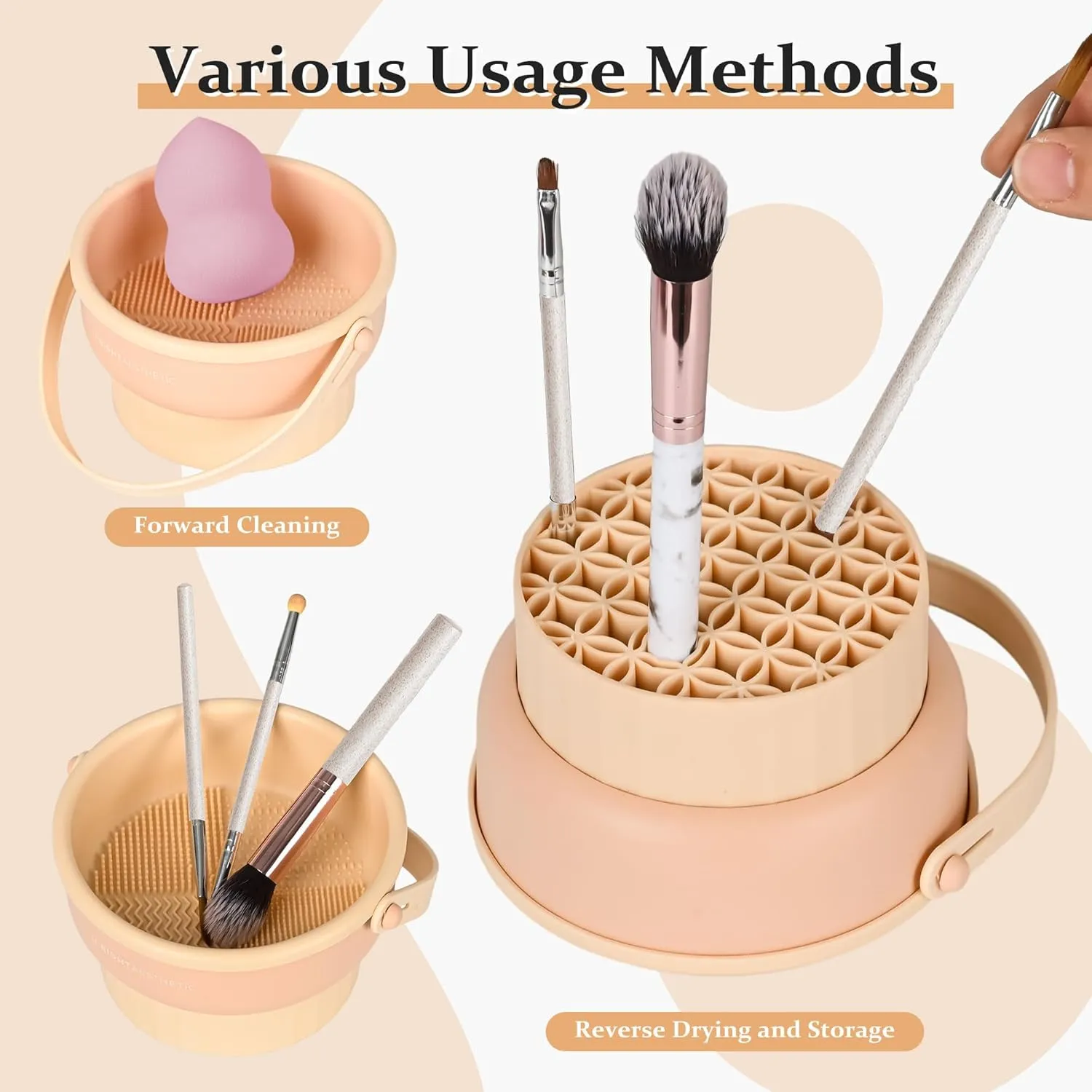 NEW Makeup Brush Cleaner Machine Makeup Brush Cleaner Mat 3 in 1 Silicone Makeup Brush Cleaner Bowl with Brush Drying Holder Cosmetic Brushes Cleaning Tool Organizer for Storage & Air Dry (Cream)