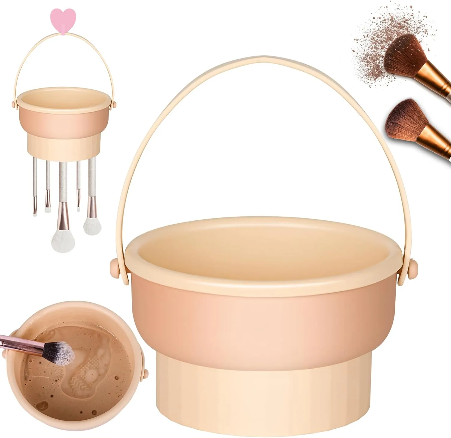 NEW Makeup Brush Cleaner Machine Makeup Brush Cleaner Mat 3 in 1 Silicone Makeup Brush Cleaner Bowl with Brush Drying Holder Cosmetic Brushes Cleaning Tool Organizer for Storage & Air Dry (Cream)