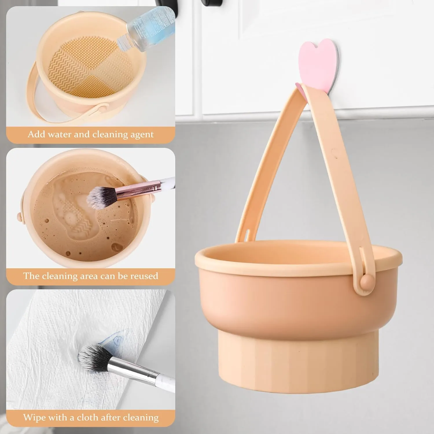 NEW Makeup Brush Cleaner Machine Makeup Brush Cleaner Mat 3 in 1 Silicone Makeup Brush Cleaner Bowl with Brush Drying Holder Cosmetic Brushes Cleaning Tool Organizer for Storage & Air Dry (Cream)