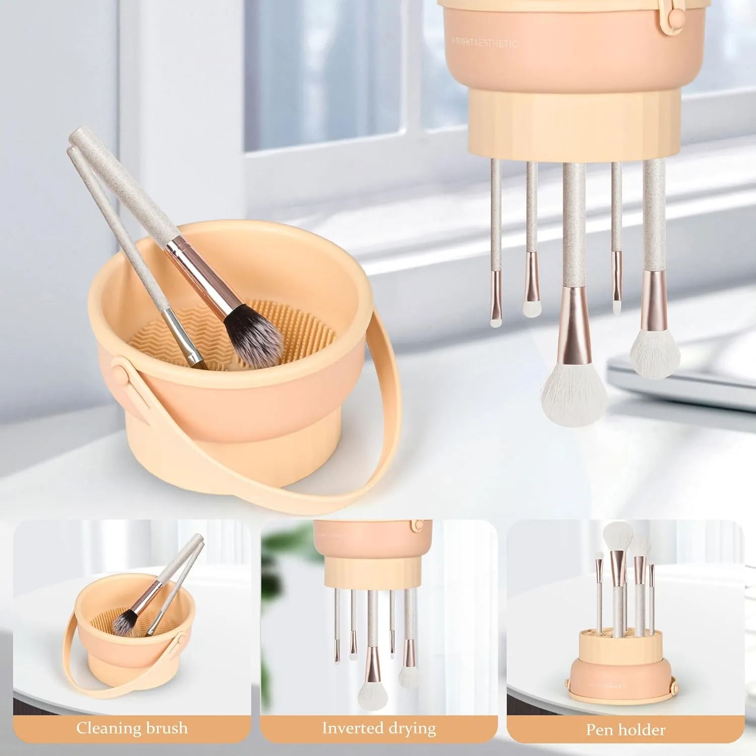 NEW Makeup Brush Cleaner Machine Makeup Brush Cleaner Mat 3 in 1 Silicone Makeup Brush Cleaner Bowl with Brush Drying Holder Cosmetic Brushes Cleaning Tool Organizer for Storage & Air Dry (Cream)