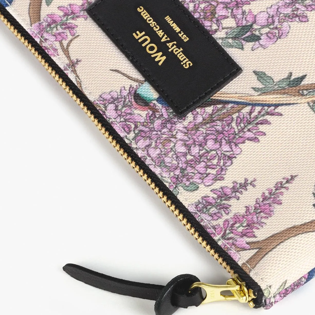 Pouch Flower Floral and Bird Print Large White and Violet Glycine
